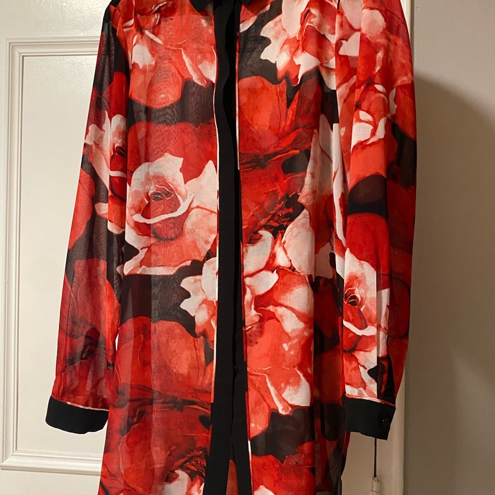 Chic Red and Black Blouse with Floral Design